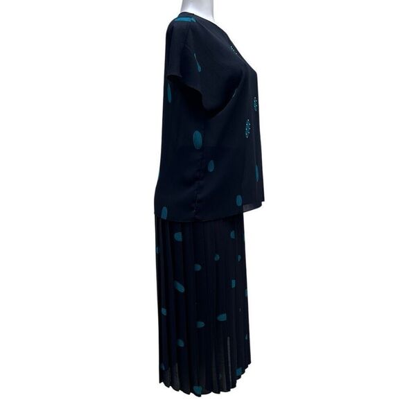 Vtg MAAS Brothers Blouse & Skirt 2Pc Set Size 14 Black Teal Printed Embellished - Picture 3 of 16